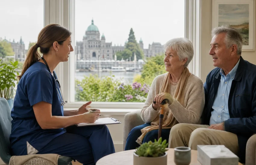 A Victoria couple discussing primary care in a harbour-facing clinic