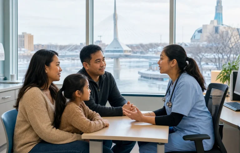 A Winnipeg family discussing primary care beside the river and city skyline