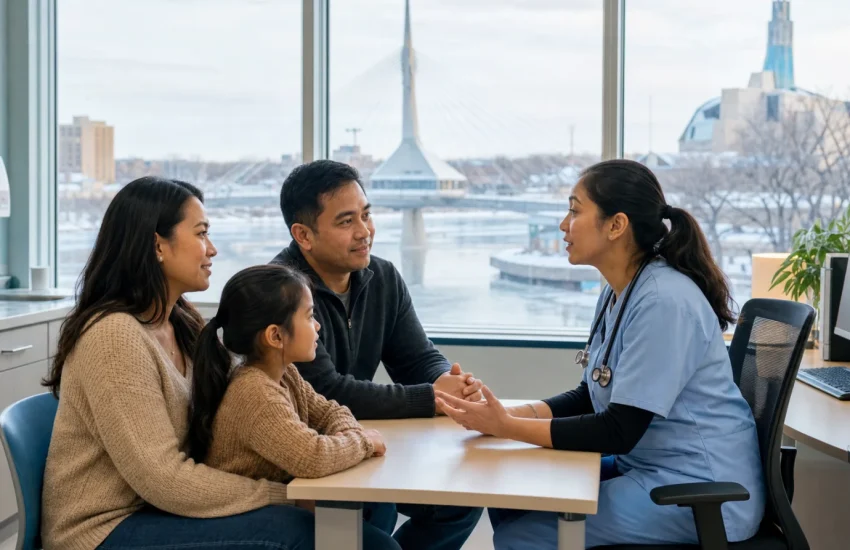 A Winnipeg family discussing primary care beside the river and city skyline