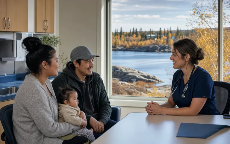 A Yellowknife family meeting a community health nurse beside a northern lake