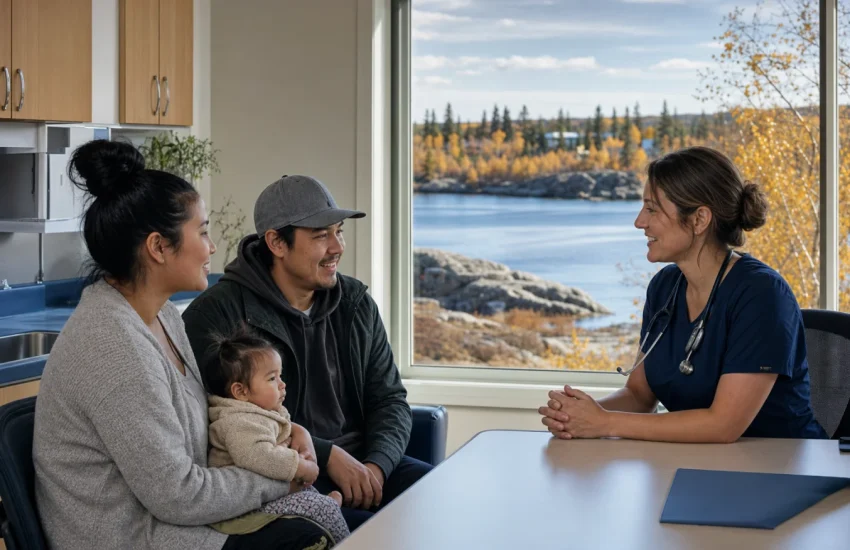 A Yellowknife family meeting a community health nurse beside a northern lake