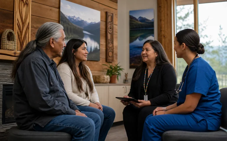 An Indigenous family meeting an Indigenous health navigator and community nurse