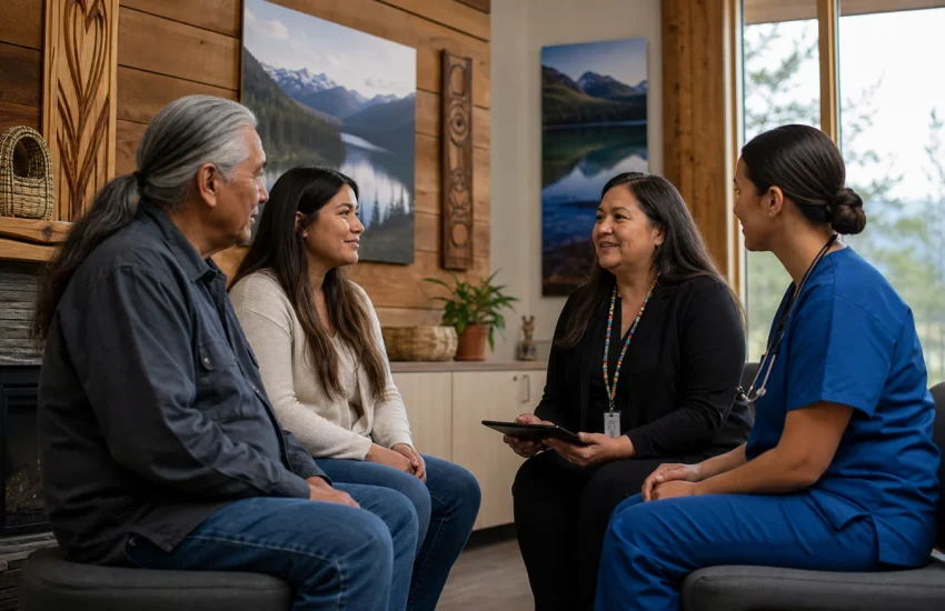 An Indigenous family meeting an Indigenous health navigator and community nurse