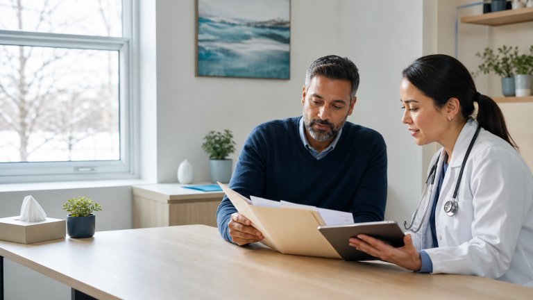 A patient and doctor reviewing a medical records folder and tablet in a bright Canadian clinic