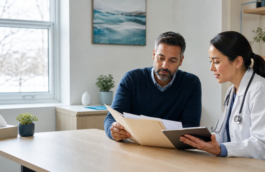 A patient and doctor reviewing a medical records folder and tablet in a bright Canadian clinic