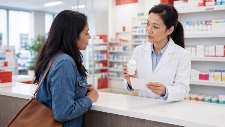 Patient speaking with a community pharmacist about a prescription refill in Canada