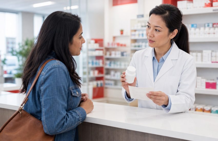 Patient speaking with a community pharmacist about a prescription refill in Canada