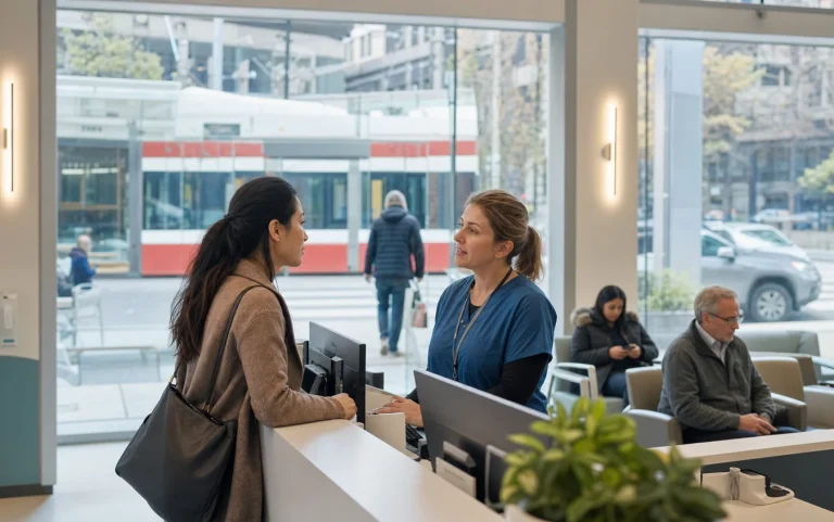 A Toronto patient speaking with a triage nurse about walk-in and urgent care options