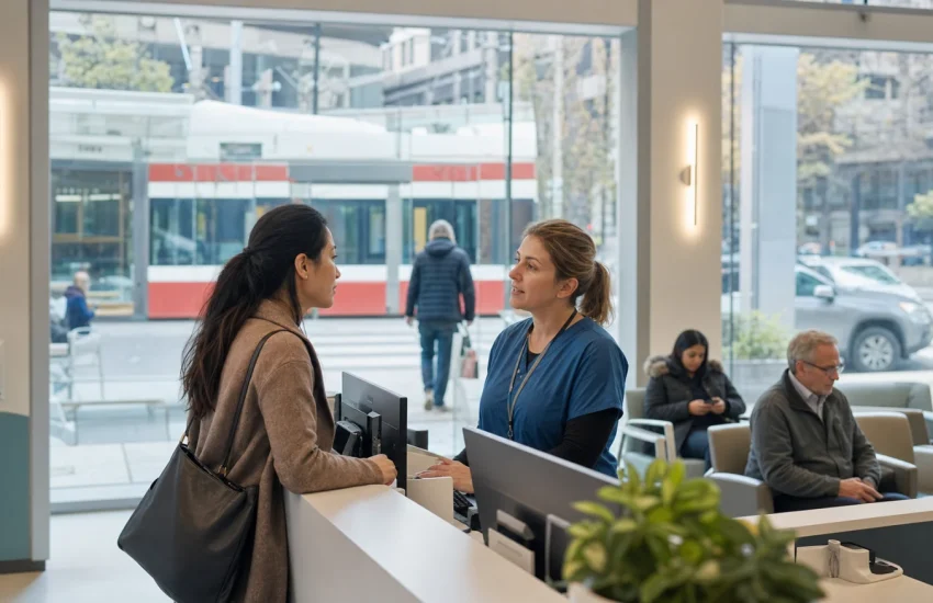 A Toronto patient speaking with a triage nurse about walk-in and urgent care options