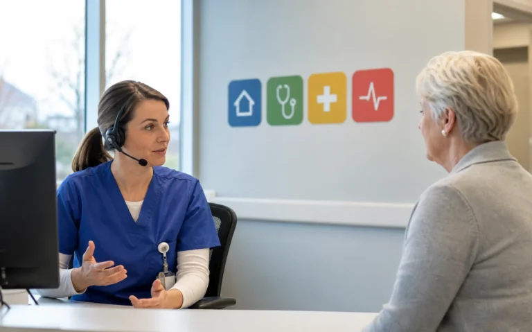 A triage nurse helping a patient choose the appropriate level of unscheduled care