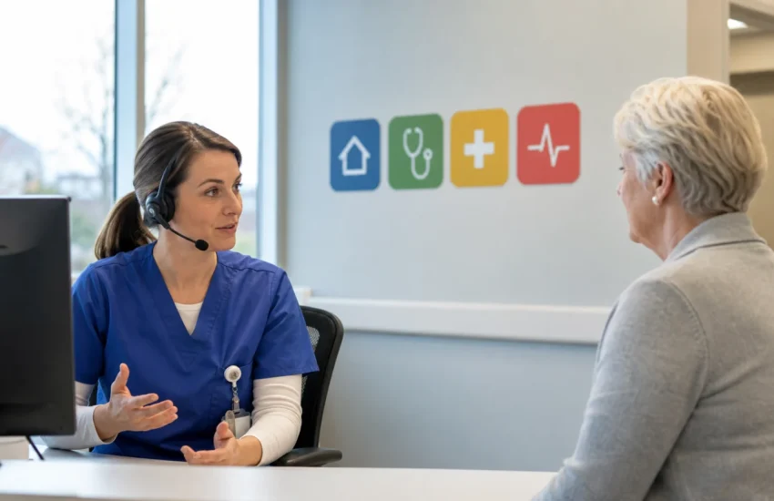 A triage nurse helping a patient choose the appropriate level of unscheduled care