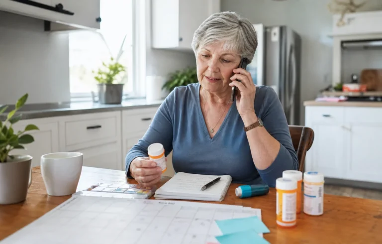 A patient organizing medications and appointments while speaking with a nurse by phone