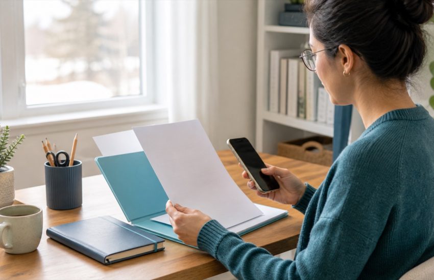 Adult organizing health records and a phone while planning continuity of ADHD care in Canada