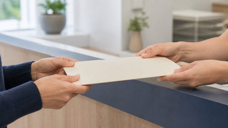 Two people passing a blank requisition folder across a clinic counter