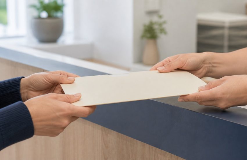 Two people passing a blank requisition folder across a clinic counter