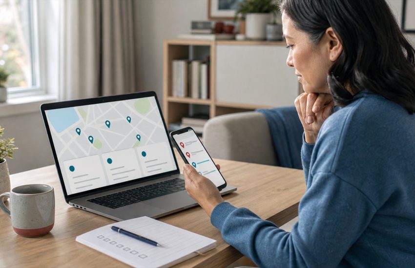 Person comparing nearby clinic listings on a laptop and phone before calling to verify availability