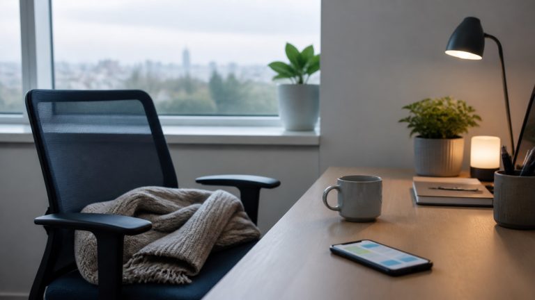 An empty office chair beside a quiet desk on a sick day