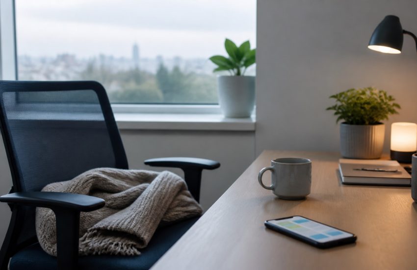 An empty office chair beside a quiet desk on a sick day