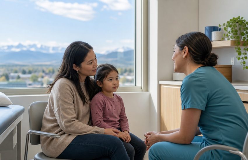 Parent and child speaking with a pediatric care professional in a bright Calgary clinic