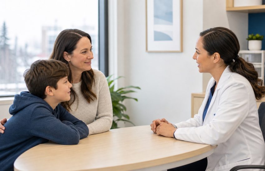 Parent and child speaking with a pediatric care professional in a bright Edmonton clinic