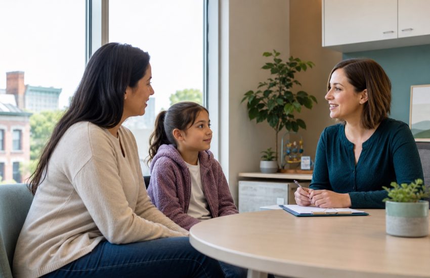 Parent and child speaking with a pediatric care professional in a bright Hamilton clinic