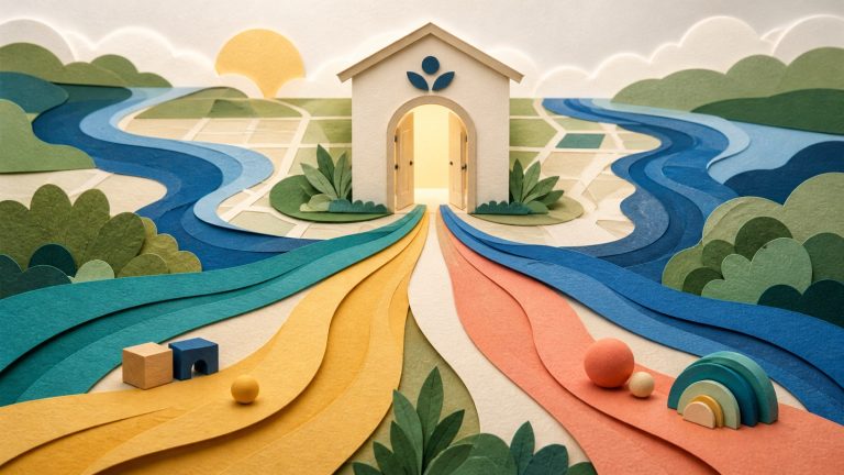 Four colourful paper-cut routes converging on a calm child health clinic doorway