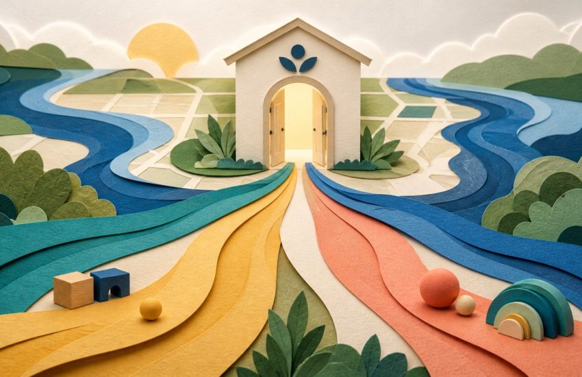 Four colourful paper-cut routes converging on a calm child health clinic doorway
