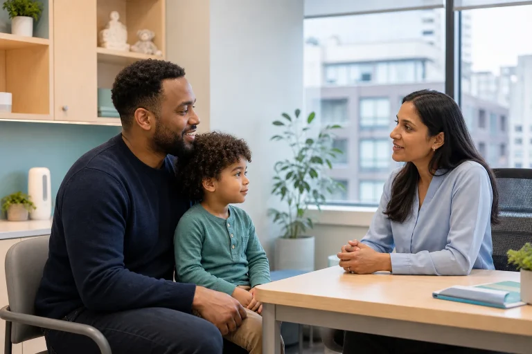 Parent and young child meeting with a pediatrician in a welcoming Toronto clinic
