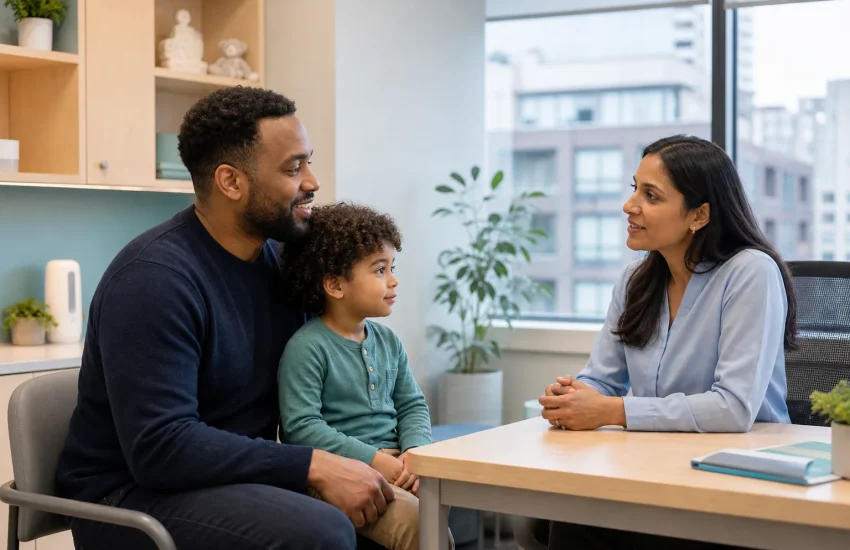 Parent and young child meeting with a pediatrician in a welcoming Toronto clinic