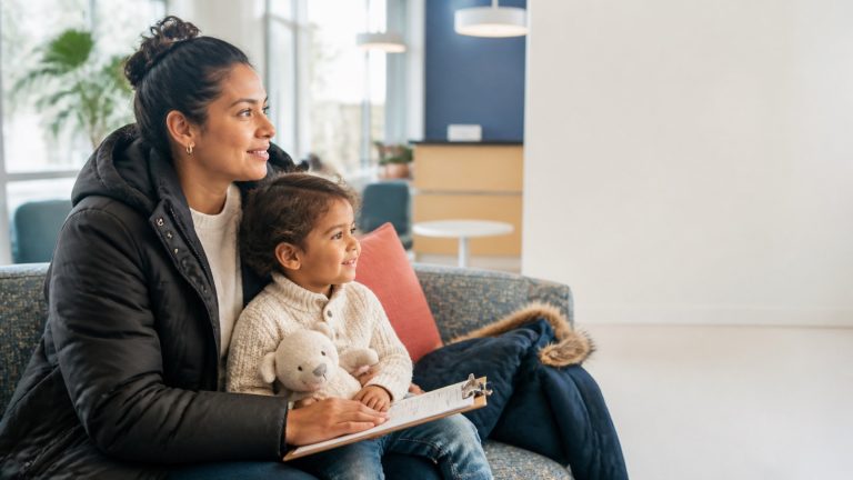 Parent and young child waiting together in a bright Winnipeg health clinic