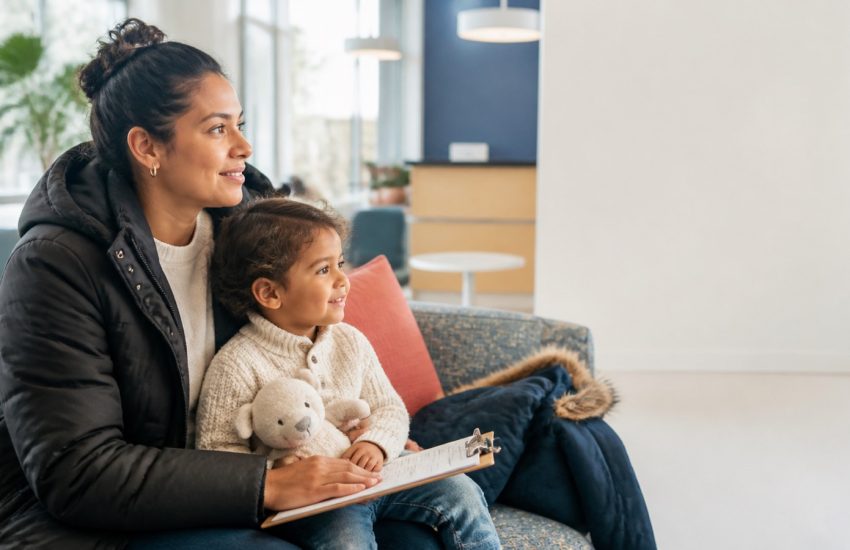 Parent and young child waiting together in a bright Winnipeg health clinic