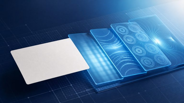 Abstract layers of blue diagnostic light passing through a blank requisition card