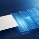 Abstract layers of blue diagnostic light passing through a blank requisition card