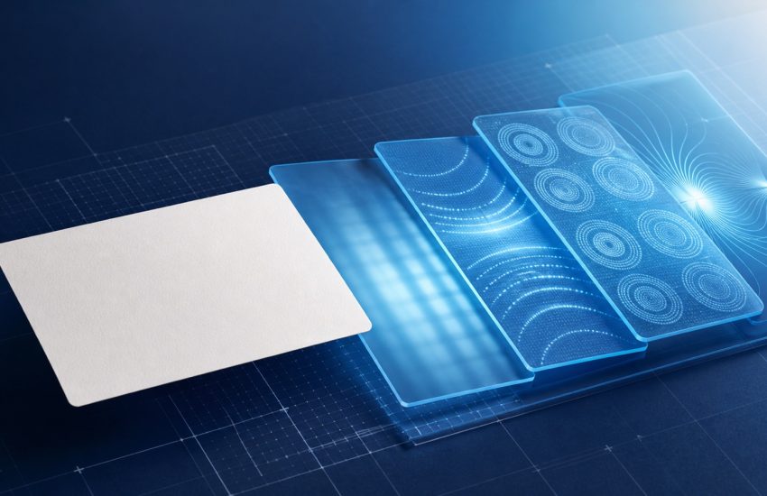 Abstract layers of blue diagnostic light passing through a blank requisition card