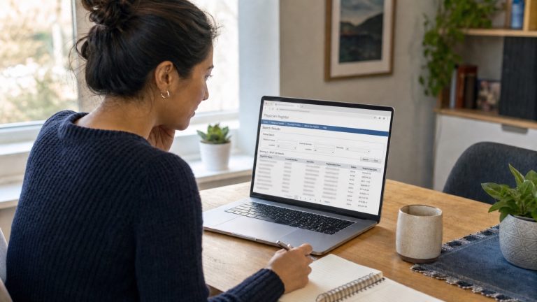 Ontario patient viewing a physician registry on a laptop with personal details blurred