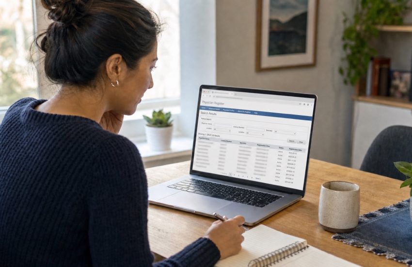 Ontario patient viewing a physician registry on a laptop with personal details blurred