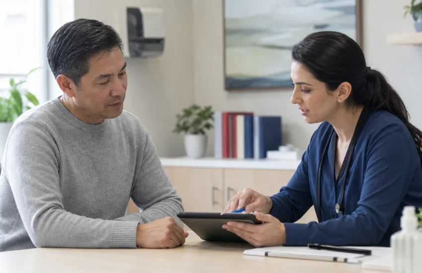 Patient discussing a specialist referral with a Canadian walk-in clinic doctor