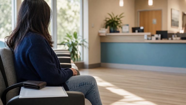 Adult waiting at a Canadian community clinic with a wallet and blank document sleeve