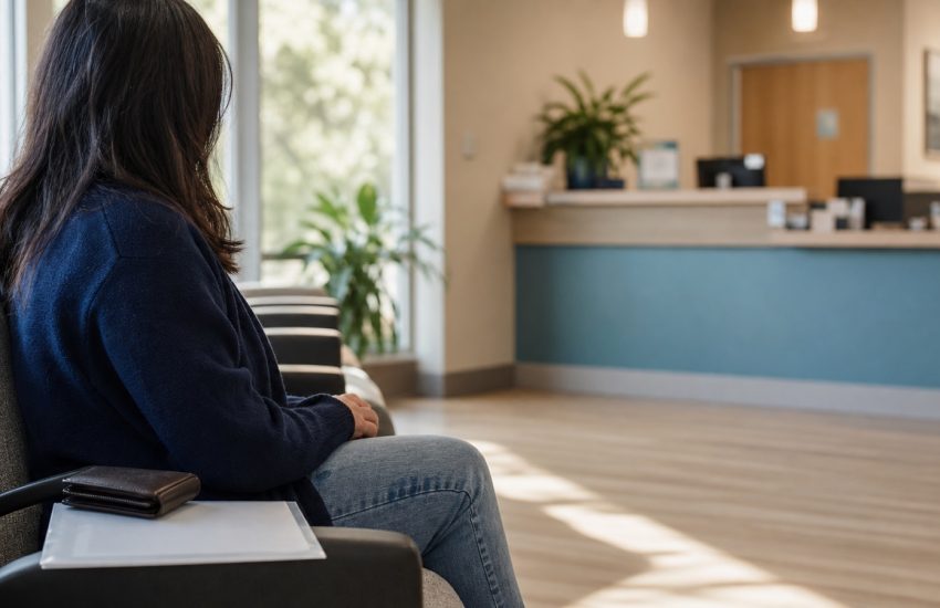 Adult waiting at a Canadian community clinic with a wallet and blank document sleeve
