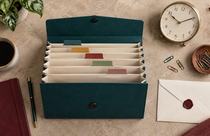 Accordion folder with blank dividers, a clock and an envelope arranged as an application workflow