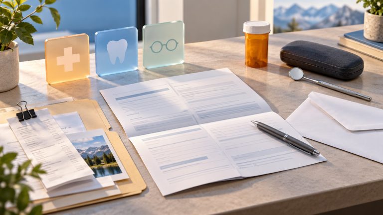 Organized Alberta Adult Health Benefit application desk with abstract prescription, glasses and dental-care symbols