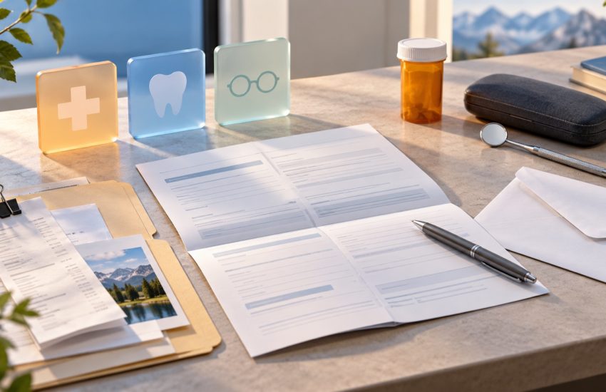 Organized Alberta Adult Health Benefit application desk with abstract prescription, glasses and dental-care symbols