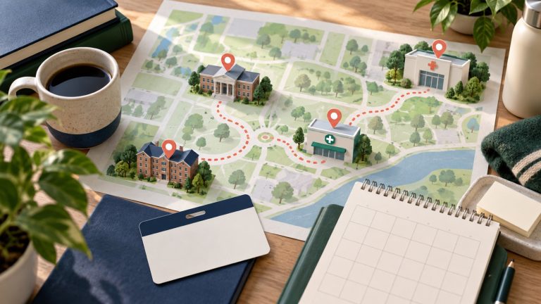 Campus map linking residence and classrooms to a student health centre, blank student card and calendar