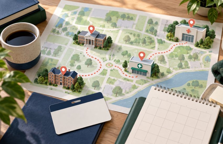 Campus map linking residence and classrooms to a student health centre, blank student card and calendar