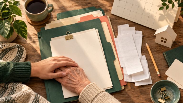 Two caregivers holding hands above an organized desk of blank folders and receipts