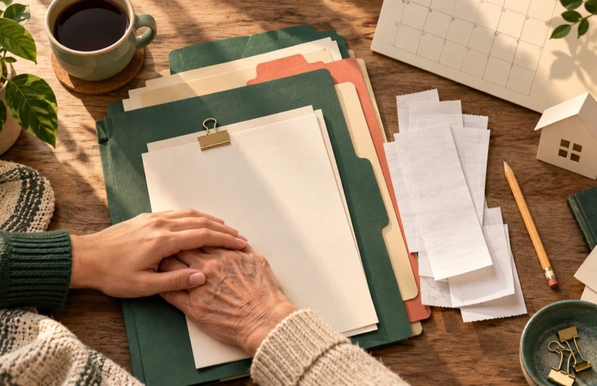 Two caregivers holding hands above an organized desk of blank folders and receipts