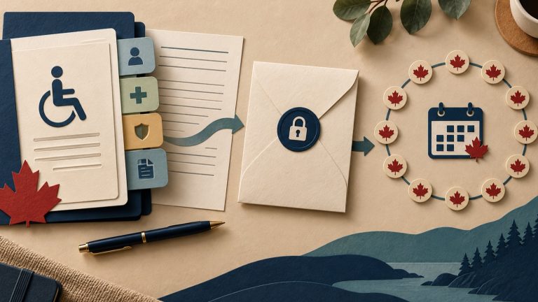 Layered disability-benefit dossier moving through a secure application envelope to a payment calendar