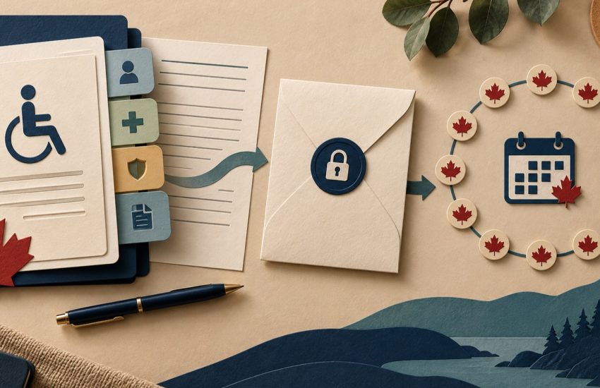 Layered disability-benefit dossier moving through a secure application envelope to a payment calendar