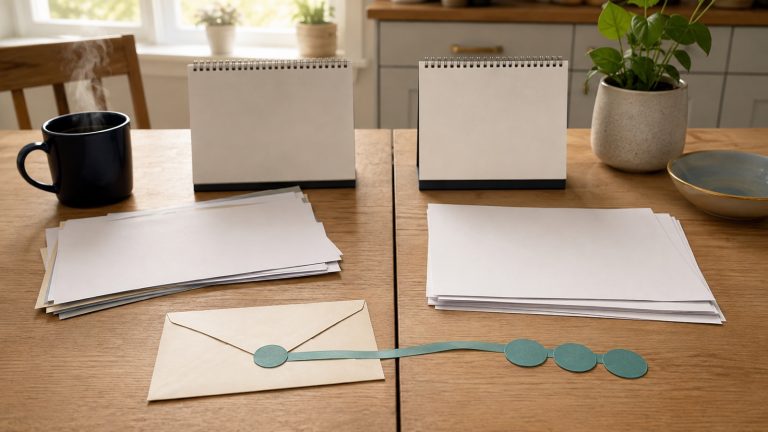 Two blank calendar pads joined across a table seam by an envelope, teal ribbon and three payment markers