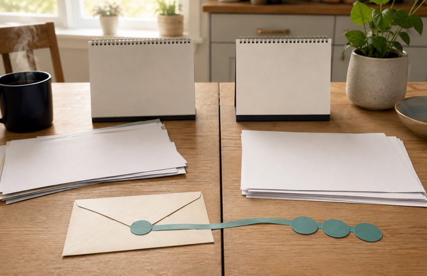 Two blank calendar pads joined across a table seam by an envelope, teal ribbon and three payment markers